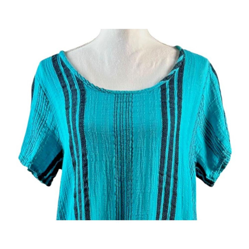 Shannon Pasero Tunic Shift Dress Size Medium Teal Blue Textured Stripe Pockets - Picture 5 of 9